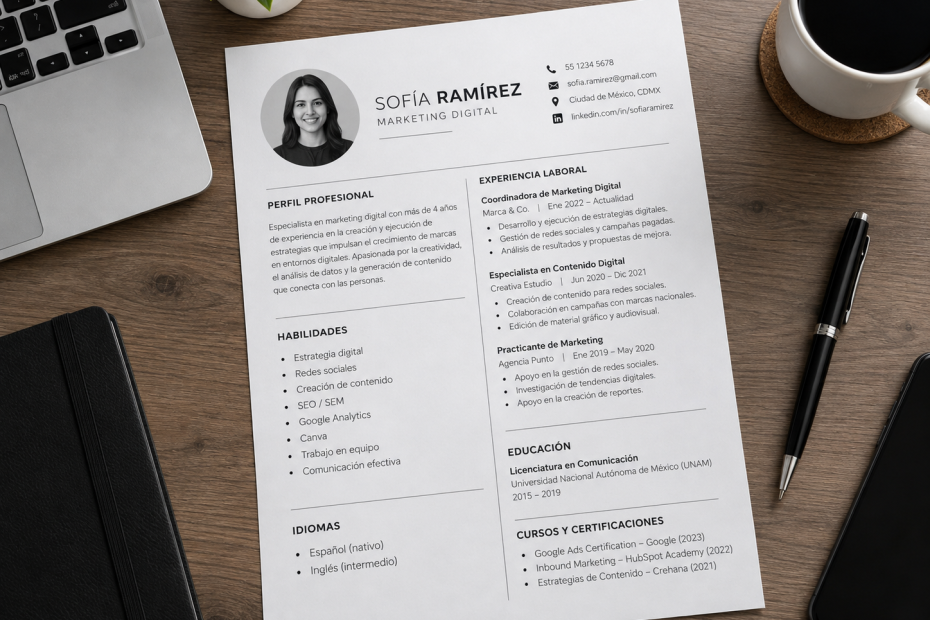 Curriculum de profesionista en escritorio
